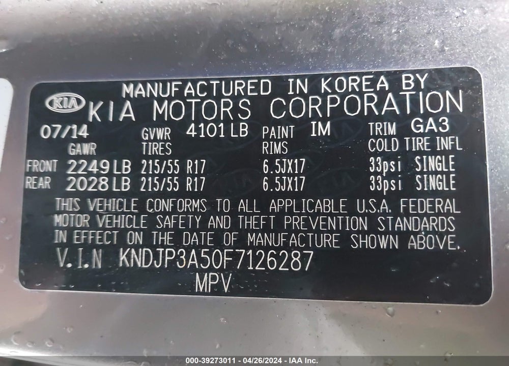 2015 KIA SOUL VIN: KNDJP3A50F7126287