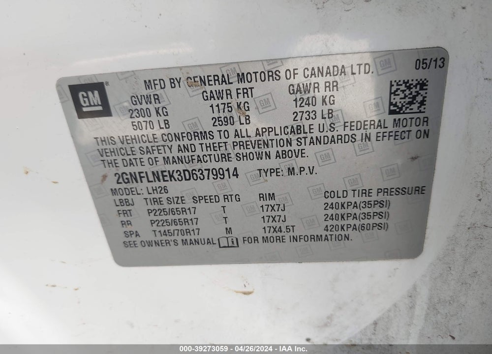 2013 CHEVROLET EQUINOX 2LT VIN: 2GNFLNEK3D6379914
