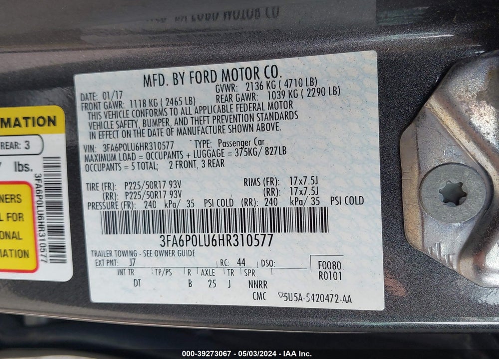 2017 FORD FUSION HYBRID SE VIN: 3FA6P0LU6HR310577
