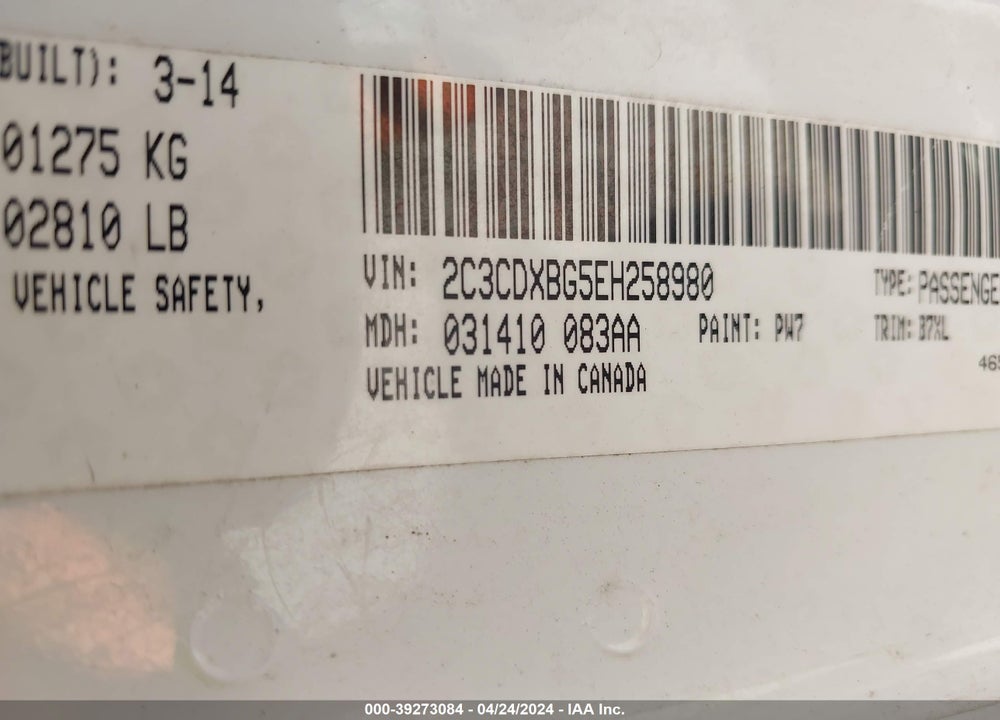 2014 DODGE CHARGER SE VIN: 2C3CDXBG5EH258980