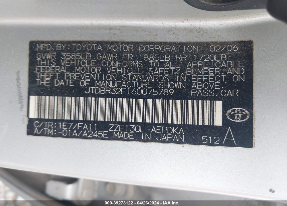 2006 TOYOTA COROLLA VIN: JTDBR32E160075789