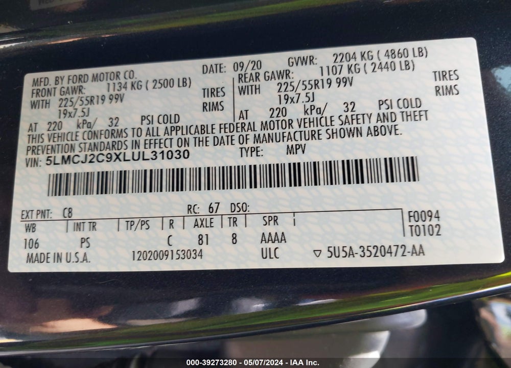 2020 LINCOLN CORSAIR RESERVE VIN: 5LMCJ2C9XLUL31030
