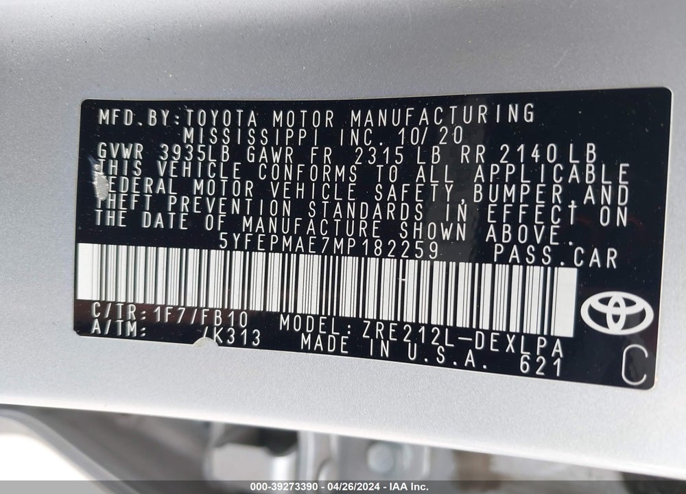 2021 TOYOTA COROLLA LE VIN: 5YFEPMAE7MP182259