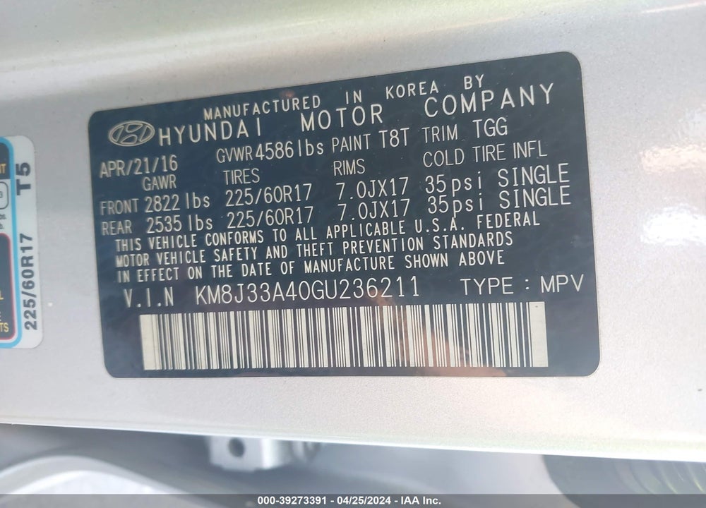 2016 HYUNDAI TUCSON SE VIN: KM8J33A40GU236211
