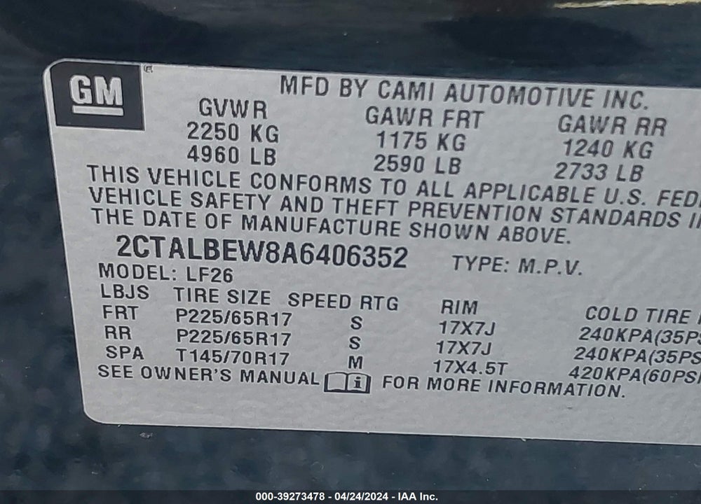 2010 GMC TERRAIN SLE-1 VIN: 2CTALBEW8A6406352