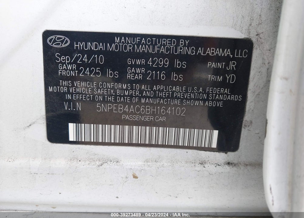 2011 HYUNDAI SONATA GLS VIN: 5NPEB4AC6BH164102