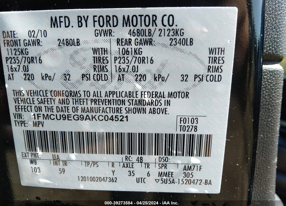 2010 FORD ESCAPE LIMITED VIN: 1FMCU9EG9AKC04521