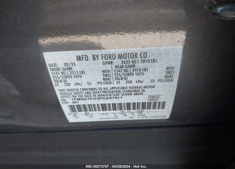 2023 FORD EXPLORER LIMITED VIN: 1FMSK7FH3PGA57511