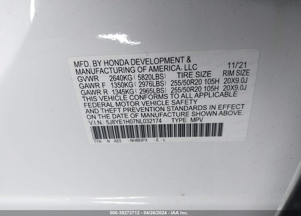 2022 ACURA MDX A-SPEC PACKAGE VIN: 5J8YE1H07NL032174