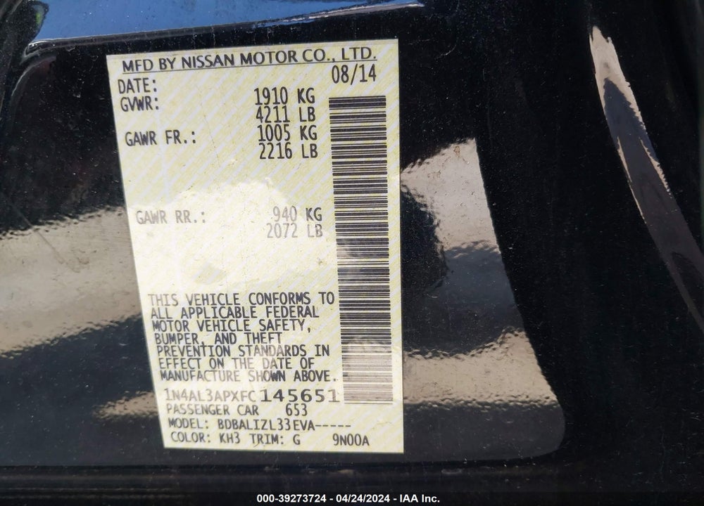 2015 NISSAN ALTIMA 2.5 SV VIN: 1N4AL3APXFC145651