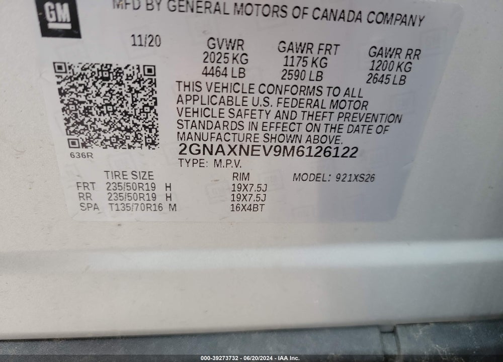 2021 CHEVROLET EQUINOX FWD PREMIER VIN: 2GNAXNEV9M6126122