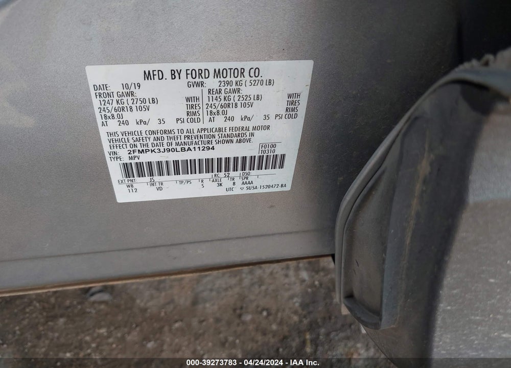 2020 FORD EDGE SEL VIN: 2FMPK3J90LBA11294