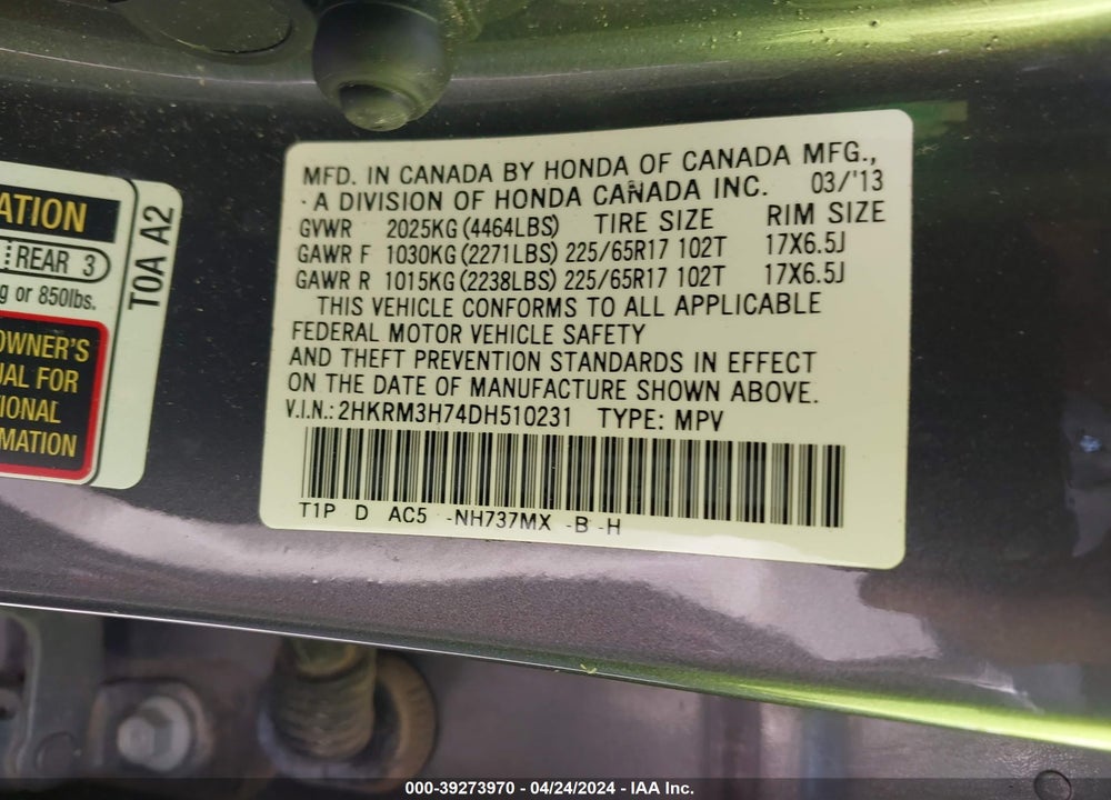 2013 HONDA CR-V EX-L VIN: 2HKRM3H74DH510231