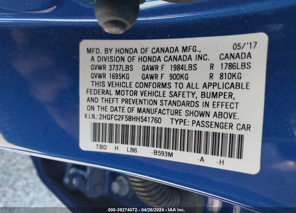 2017 HONDA CIVIC LX VIN: 2HGFC2F58HH541760