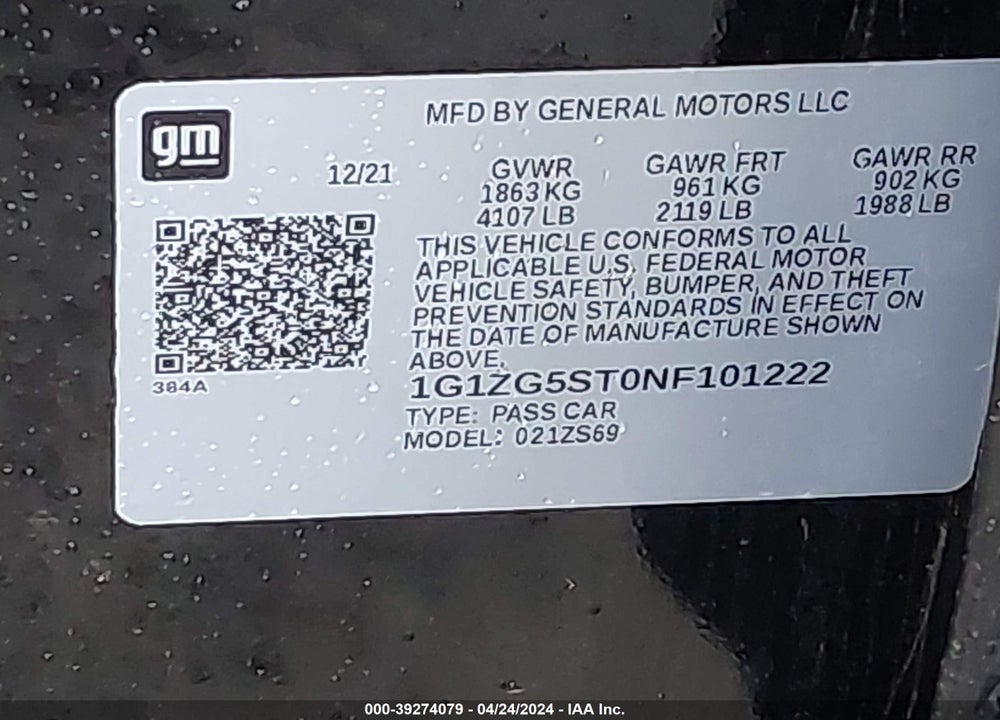 2022 CHEVROLET MALIBU FWD RS VIN: 1G1ZG5ST0NF101222