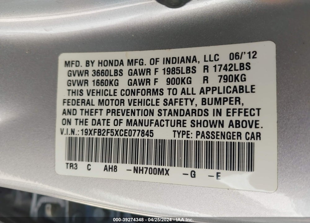 2012 HONDA CIVIC LX VIN: 19XFB2F5XCE077845