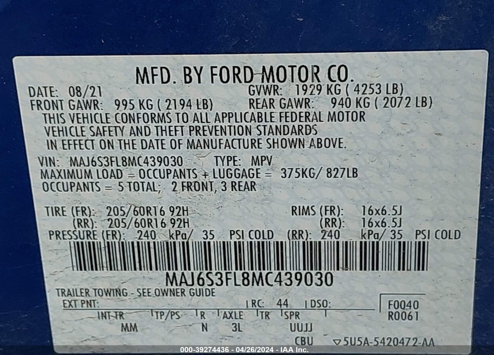 2021 FORD ECOSPORT S VIN: MAJ6S3FL8MC439030