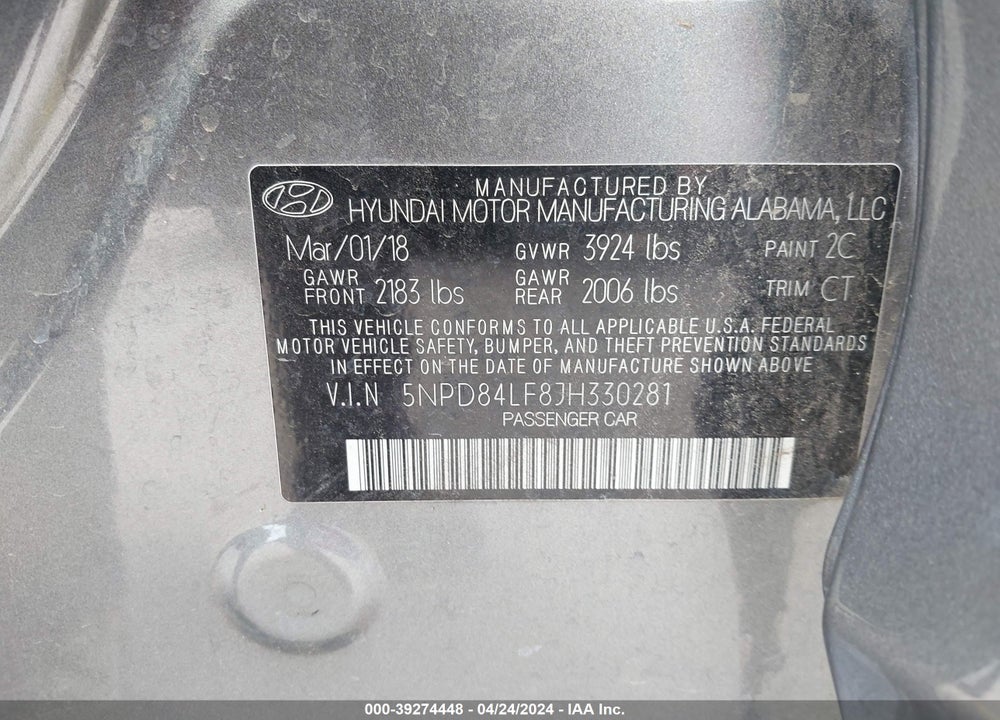 2018 HYUNDAI ELANTRA SEL VIN: 5NPD84LF8JH330281