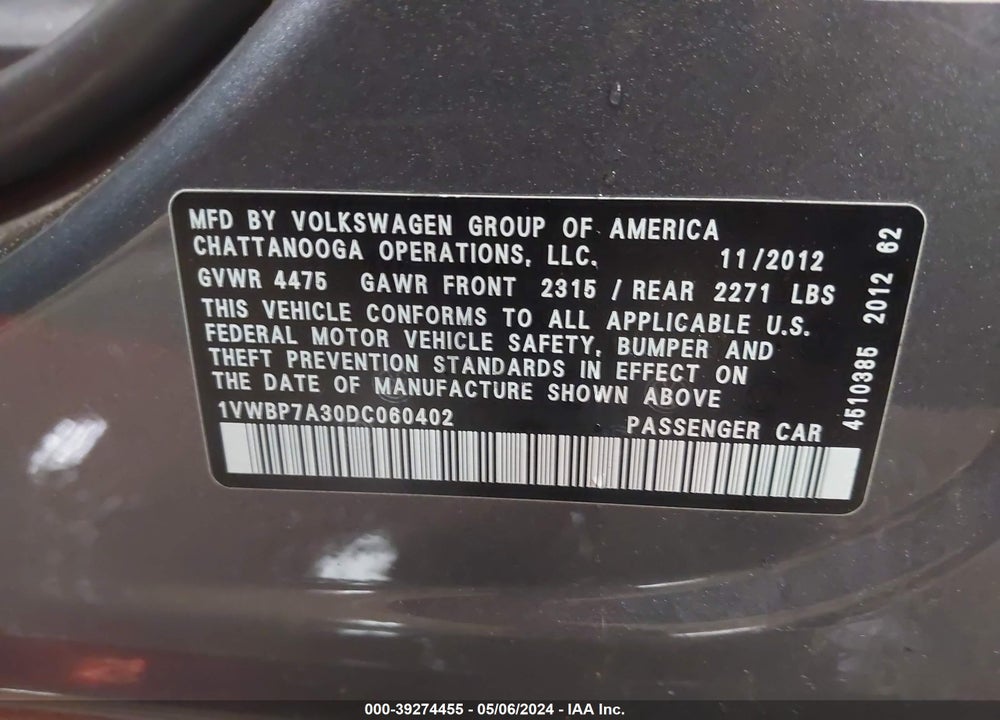 2013 VOLKSWAGEN PASSAT 2.5L SE VIN: 1VWBP7A30DC060402