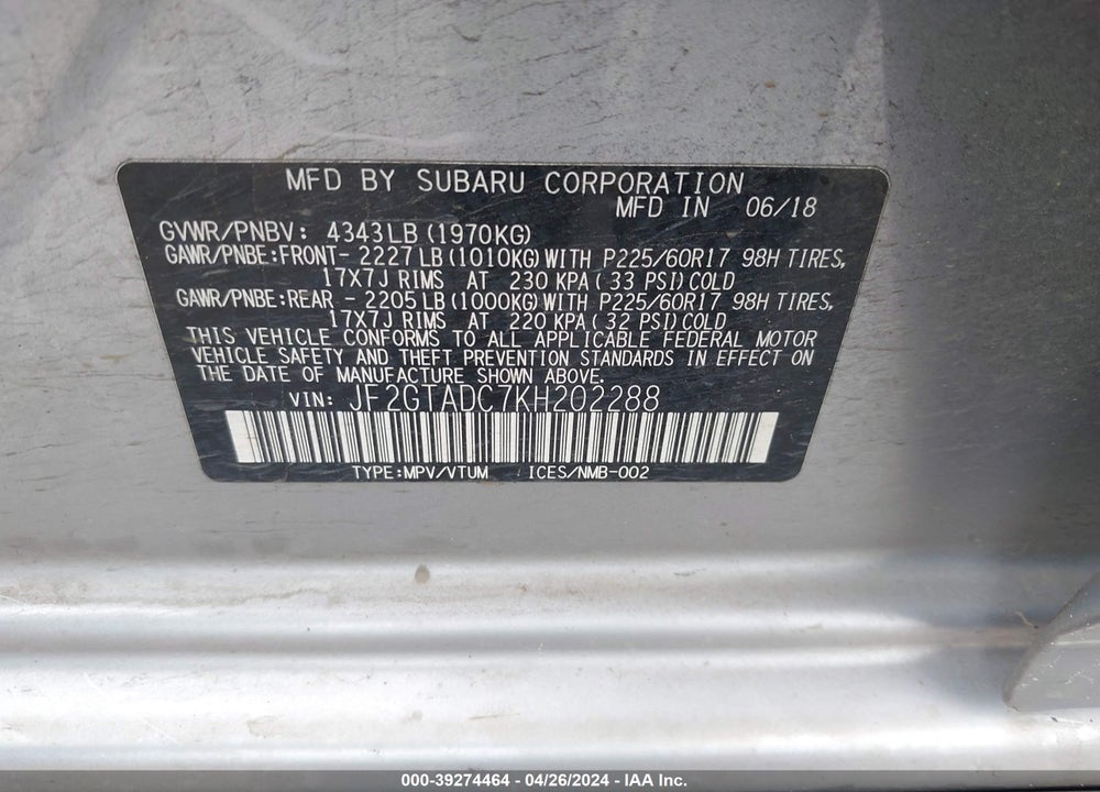 2019 SUBARU CROSSTREK 2.0I PREMIUM VIN: JF2GTADC7KH202288