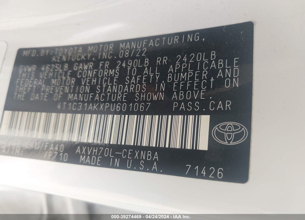 2023 TOYOTA CAMRY VIN: 4T1C31AKXPU601067