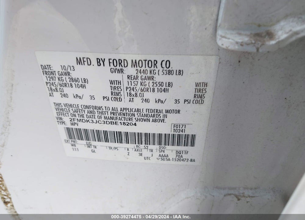 2013 FORD EDGE SEL VIN: 2FMDK3JC3DBE18204
