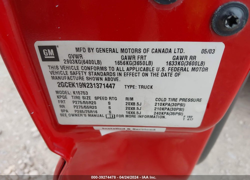 2003 CHEVROLET SILVERADO 1500 SS VIN: 2GCEK19N231371447