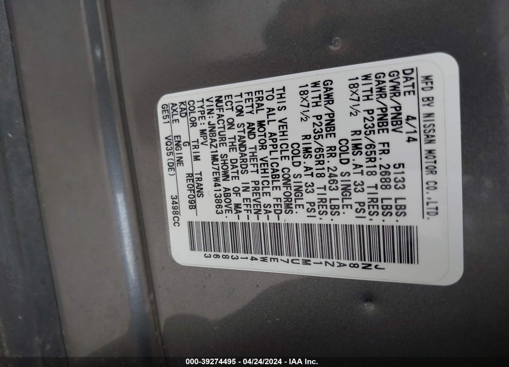 2014 NISSAN MURANO VIN: JN8AZ1MU7EW413863
