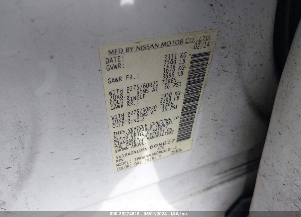2014 NISSAN ARMADA PLATINUM VIN: 5N1BA0NE0EN608617