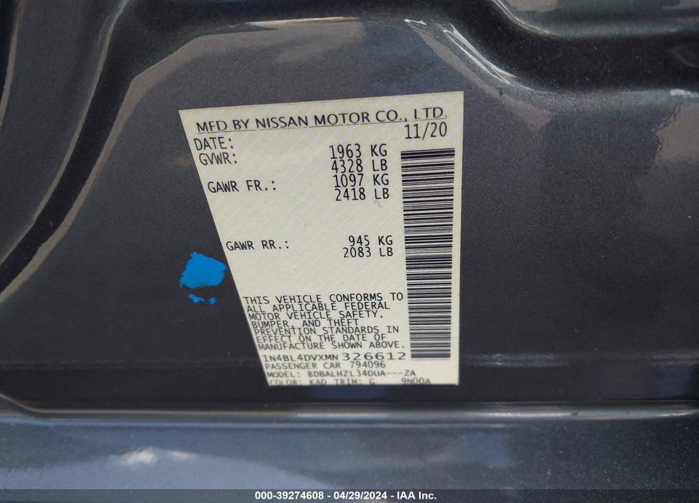 2021 NISSAN ALTIMA SV FWD VIN: 1N4BL4DVXMN326612