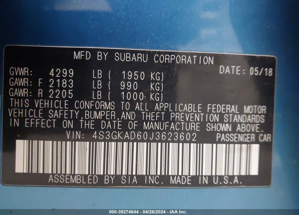2018 SUBARU IMPREZA 2.0I PREMIUM VIN: 4S3GKAD60J3623602