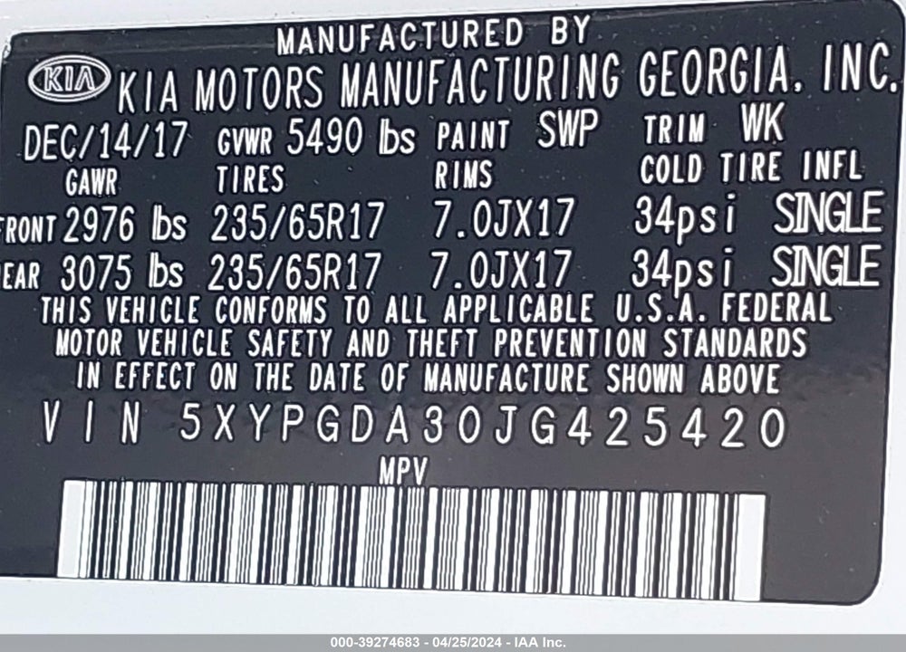 2018 KIA SORENTO 2.4L LX VIN: 5XYPGDA30JG425420