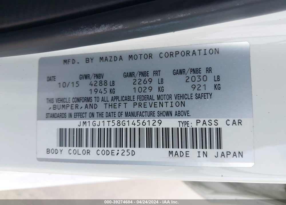 2016 MAZDA 6 I TOURING VIN: JM1GJ1T58G1456129