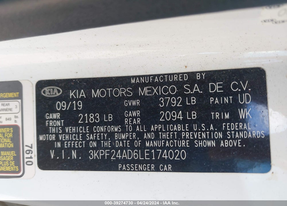 2020 KIA FORTE LXS VIN: 3KPF24AD6LE174020