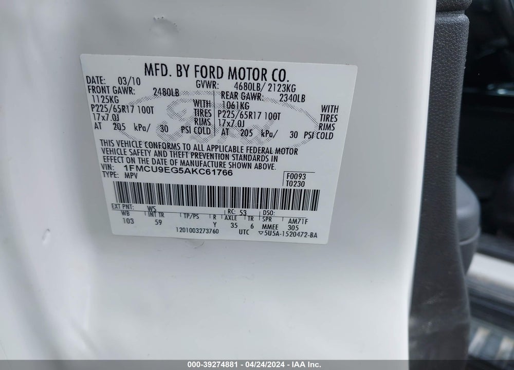 2010 FORD ESCAPE LIMITED VIN: 1FMCU9EG5AKC61766