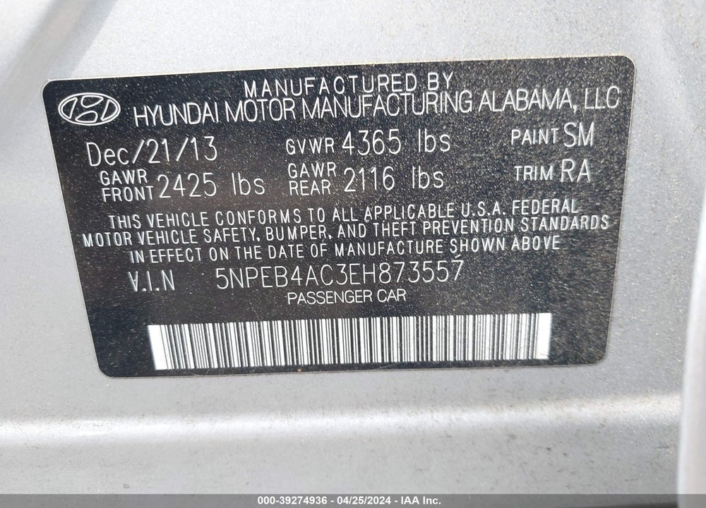2014 HYUNDAI SONATA GLS VIN: 5NPEB4AC3EH873557