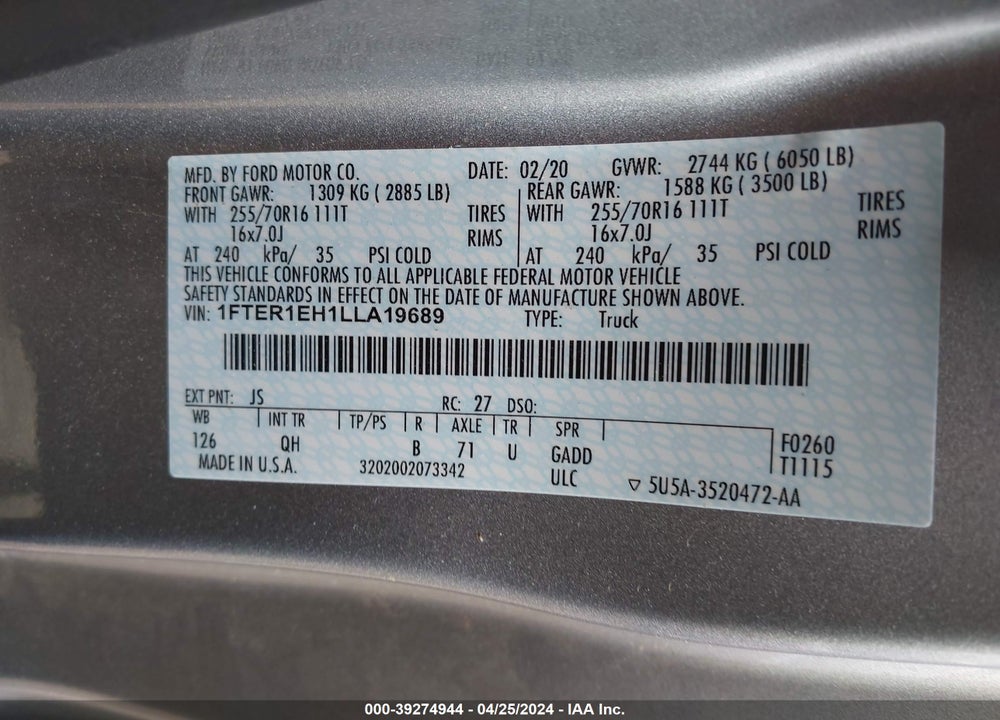 2020 FORD RANGER XL VIN: 1FTER1EH1LLA19689