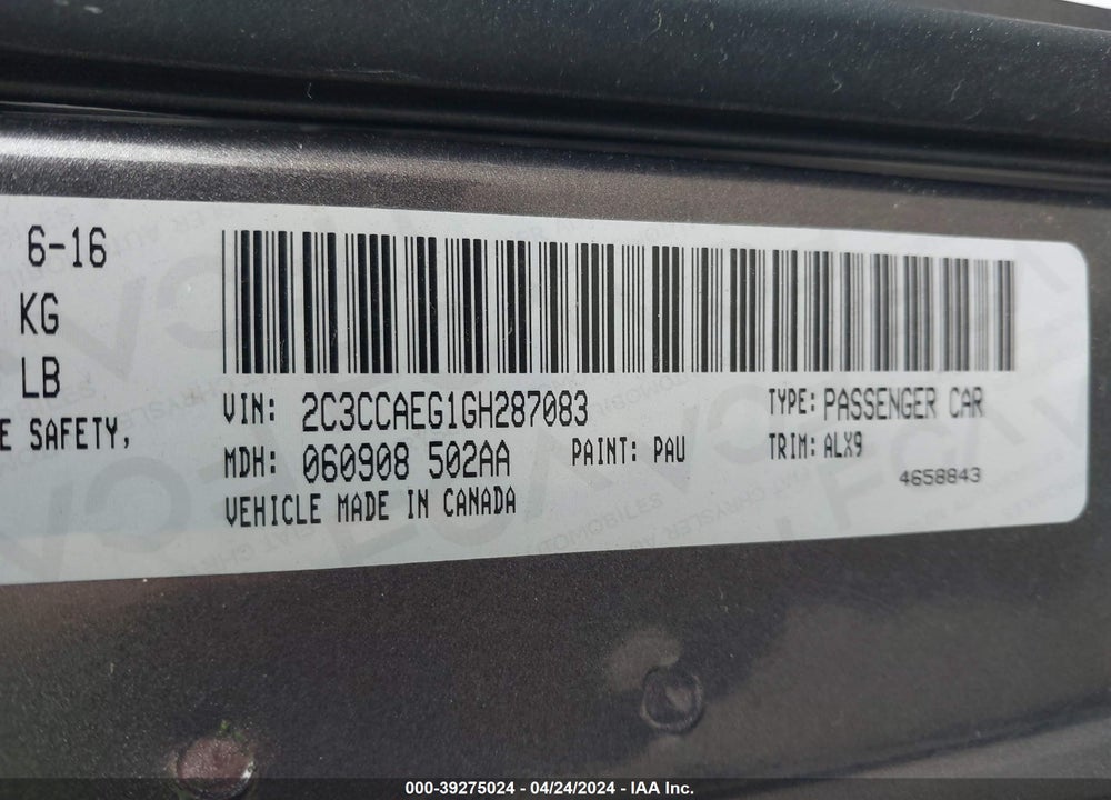2016 CHRYSLER 300C VIN: 2C3CCAEG1GH287083