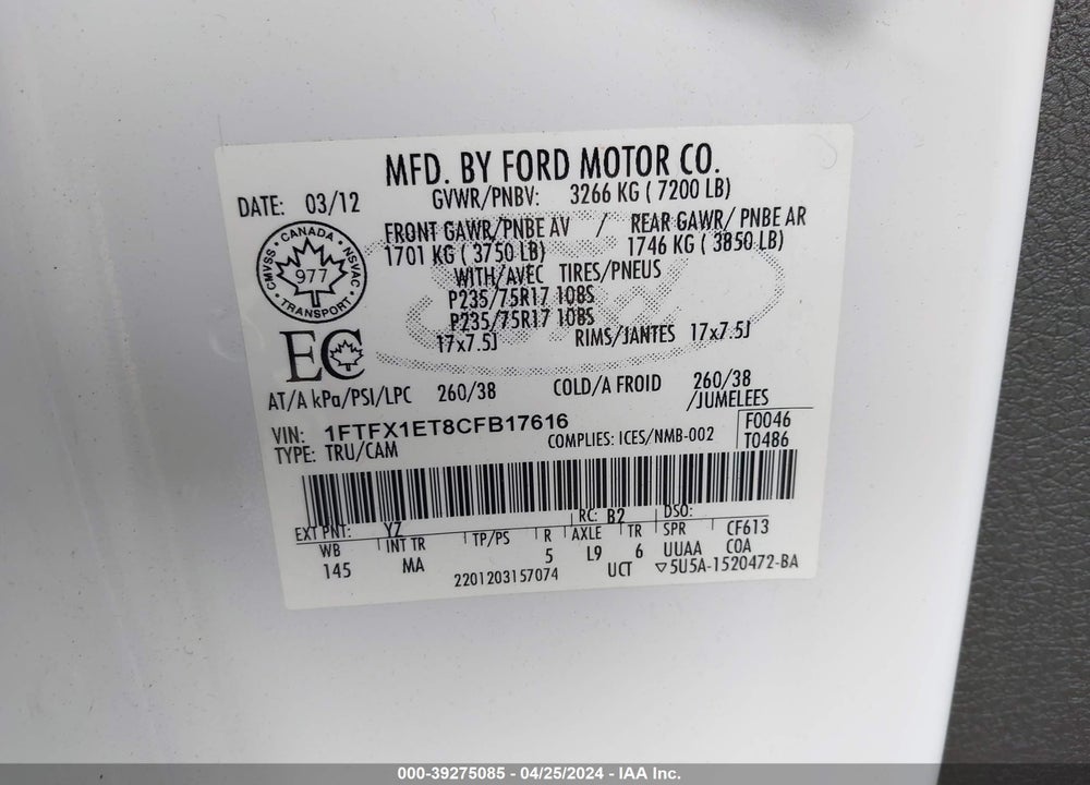 2012 FORD F-150 VIN: 1FTFX1ET8CFB17616