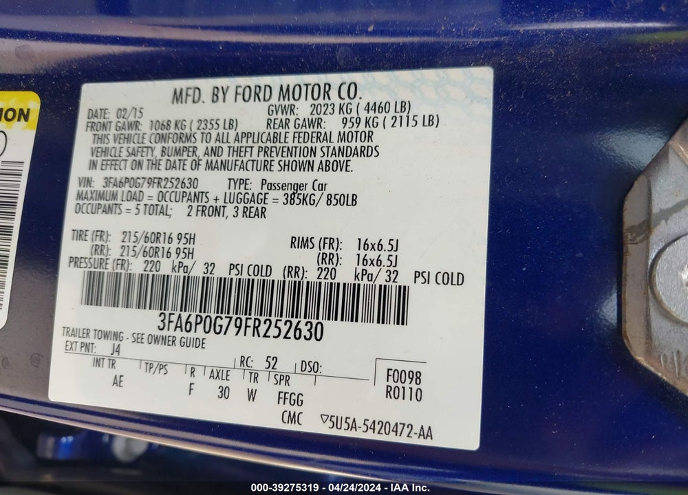 2015 FORD FUSION S VIN: 3FA6P0G79FR252630