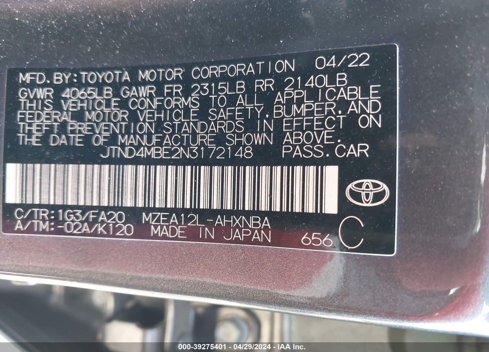 2022 TOYOTA COROLLA SE VIN: JTND4MBE2N3172148