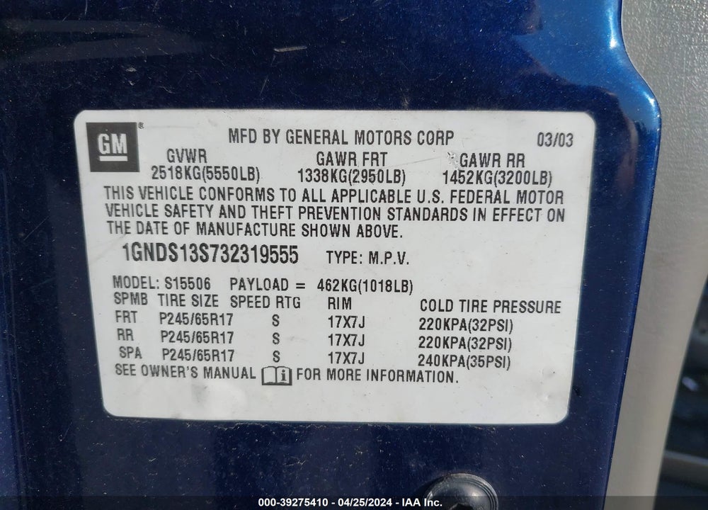 2003 CHEVROLET TRAILBLAZER LTZ VIN: 1GNDS13S732319555