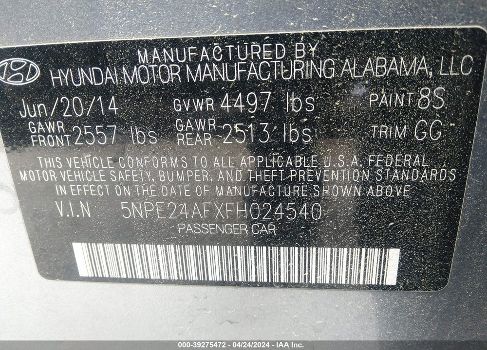 2015 HYUNDAI SONATA SE VIN: 5NPE24AFXFH024540