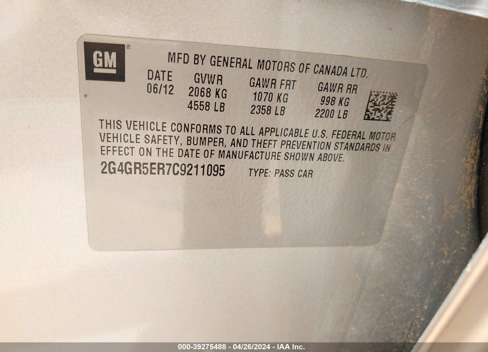 2012 BUICK REGAL VIN: 2G4GR5ER7C9211095