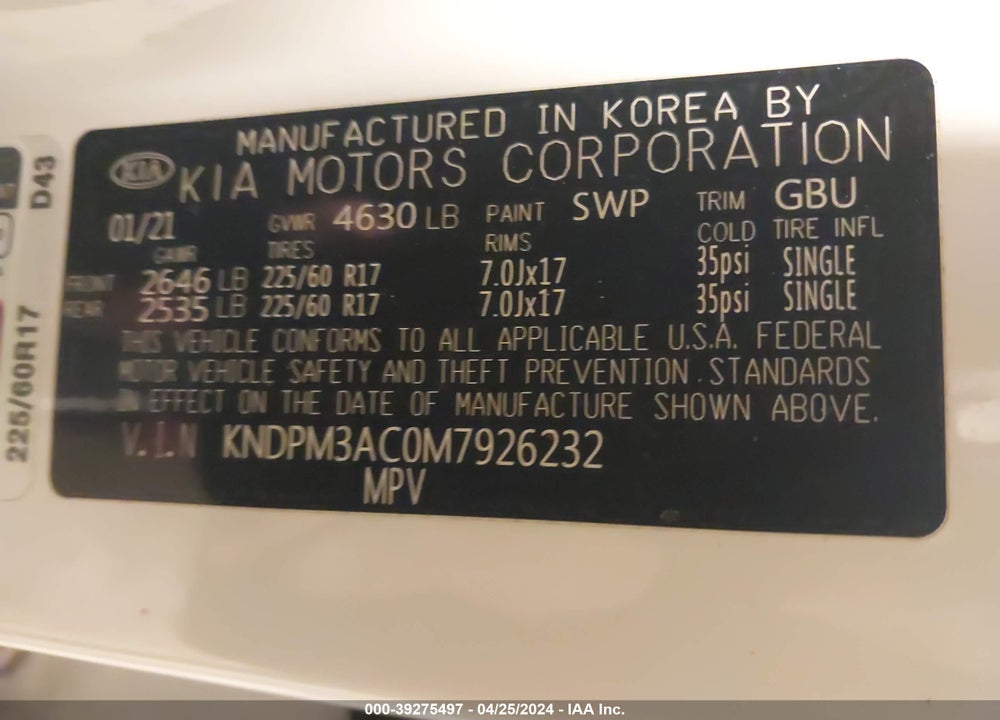 2021 KIA SPORTAGE LX VIN: KNDPM3AC0M7926232
