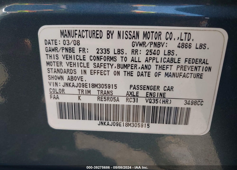 2008 INFINITI EX35 JOURNEY VIN: JNKAJ09E18M305915