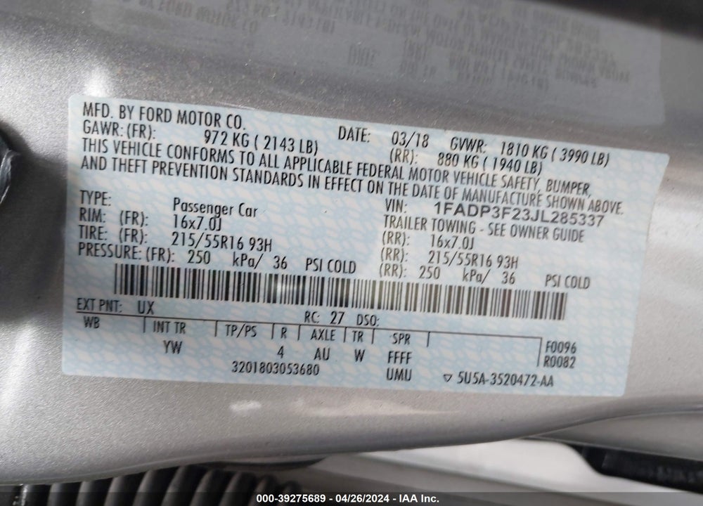 2018 FORD FOCUS SE VIN: 1FADP3F23JL285337