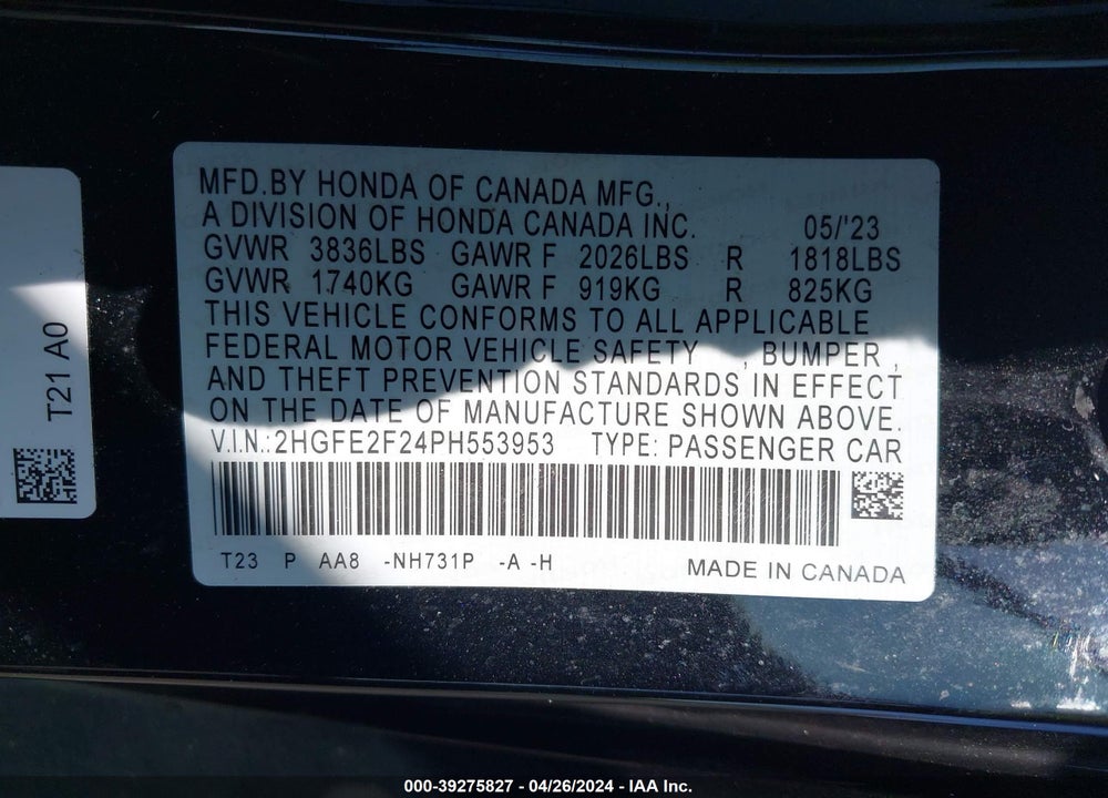 2023 HONDA CIVIC LX VIN: 2HGFE2F24PH553953