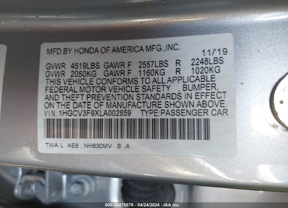 2020 HONDA ACCORD HYBRID TOURING VIN: 1HGCV3F9XLA002859