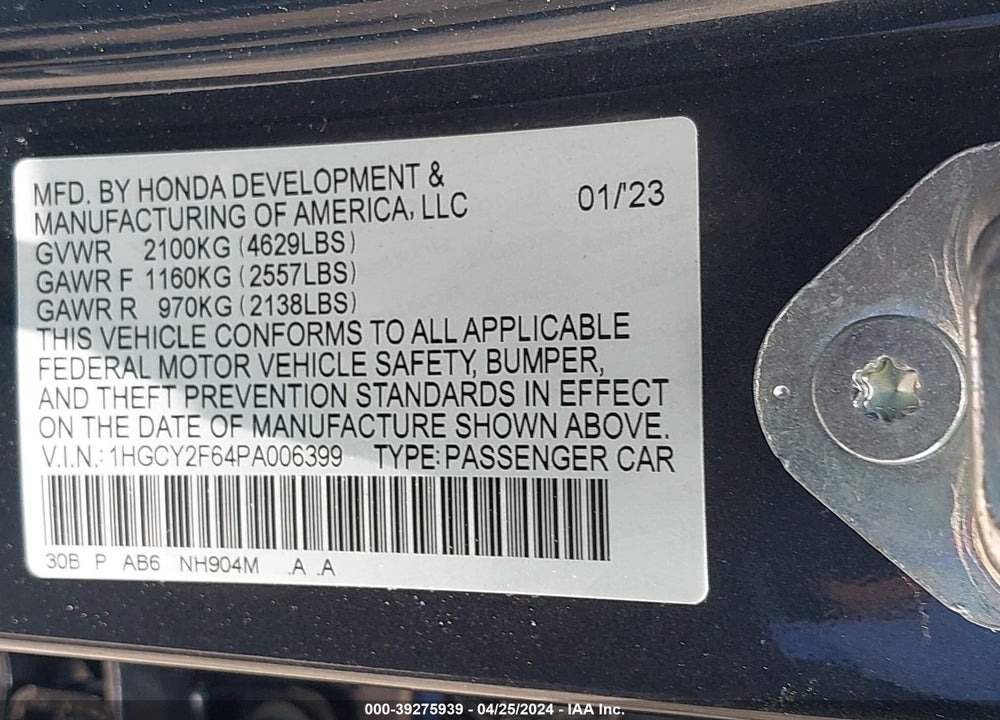 2023 HONDA ACCORD HYBRID EX-L VIN: 1HGCY2F64PA006399